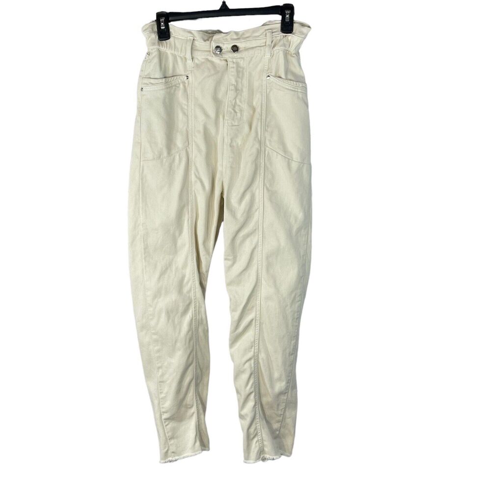 Zara Denim SZ 4 Baggy Paper Bag Jeans High-Rise Zip-Fly Frayed Hems Pocket Cream